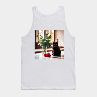 Cute Black Cat with Gift of Leaves and Flowers Tank Top